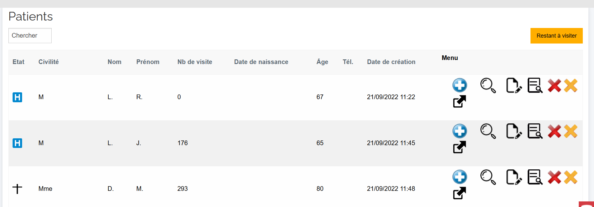 Vue de la liste des patients – affichage limité aux informations nécessaires et chiffrées